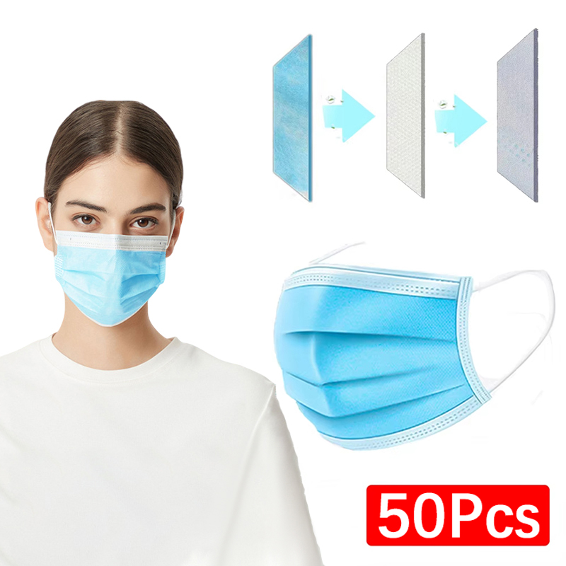 50Pcs 유니섹스 3 레이어 마스크 페이스 마스크 멜 - Disposable Mask Blue 리뷰 및 가격